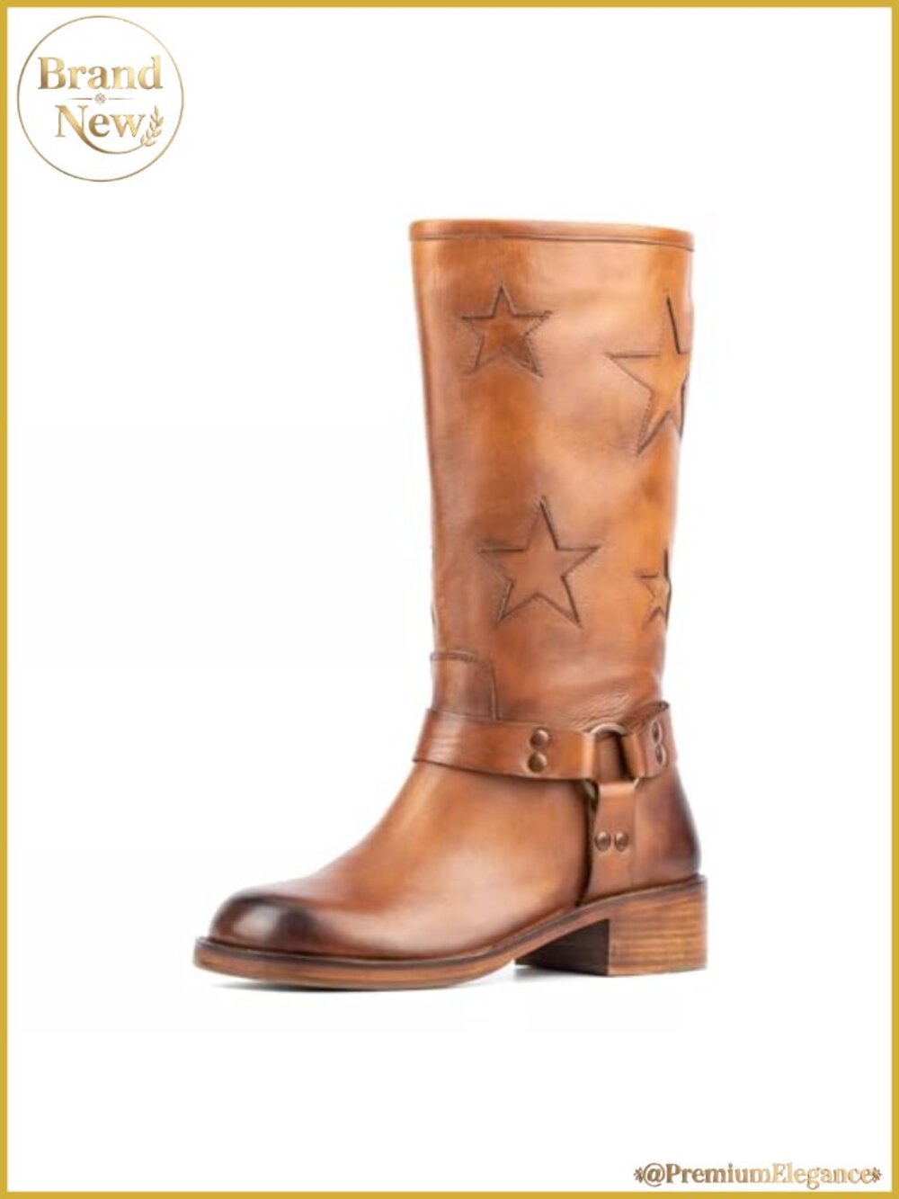 Women's Buckle Biker Knee High Boots Square Toe Chunky Heel Moto Mid Calf Slip